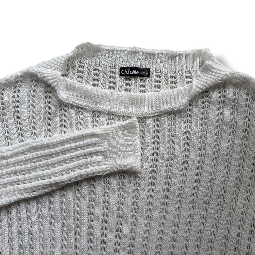ChicMe Womens XL White Open Knit Crochet Boat Neck Long Sleeve Pointelle Sweater